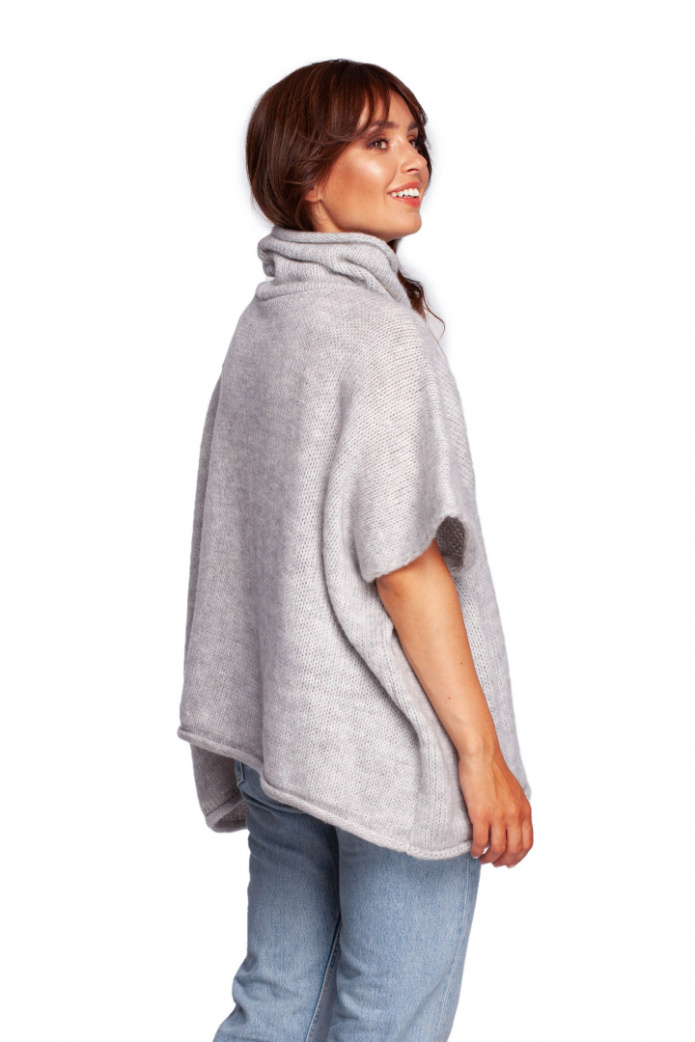 Sweter damski ponczo oversize z golfem krótki rękaw szary
